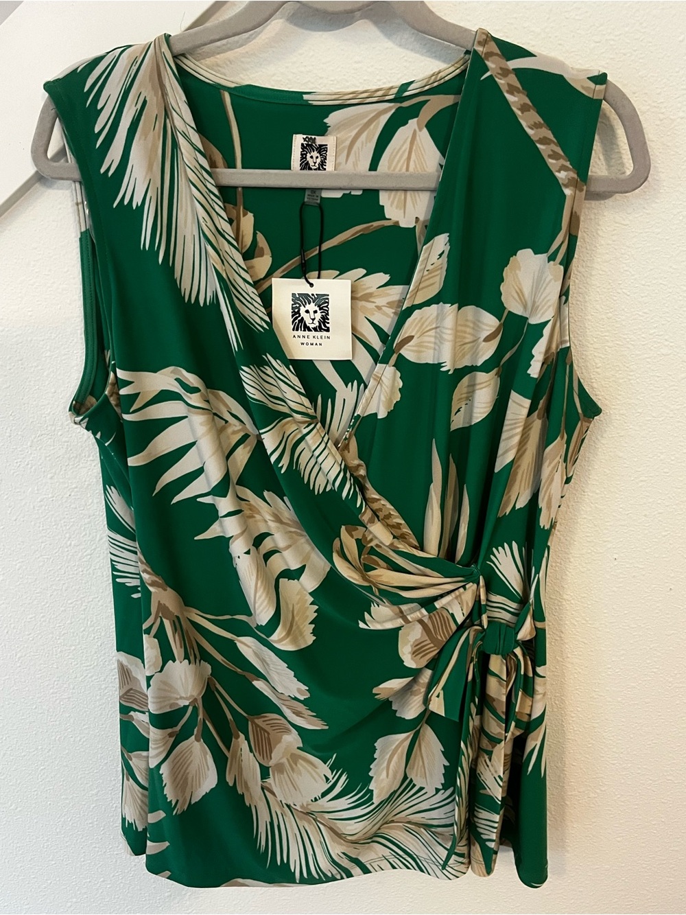 Anne Klein Green and Beige Floral Wrap Top